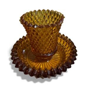 MCM Amber Indiana Glass Diamond Point 2pc Candle Holder